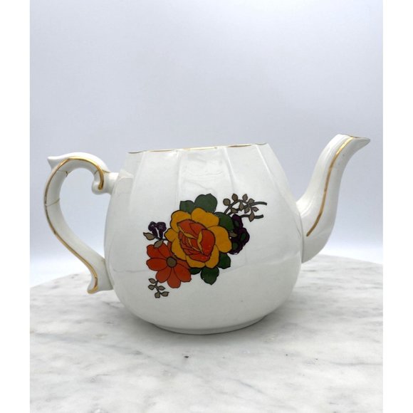 Ellgreave English Teapot Floral Handle Gold Trim Repaired Handle England Flowers - Picture 2 of 10